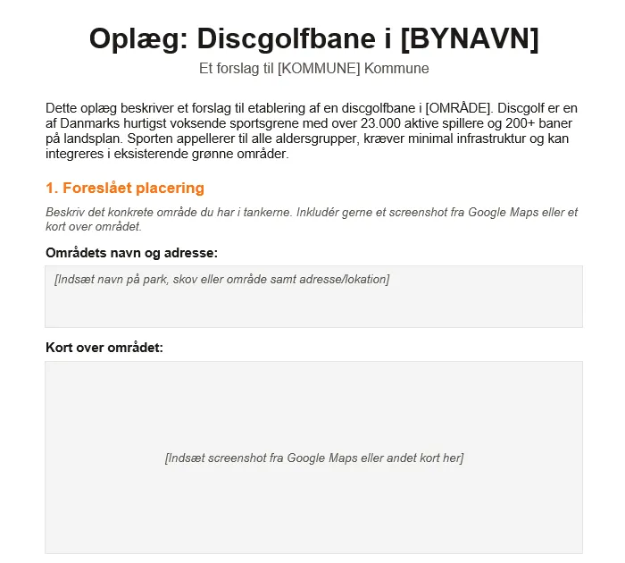 Udkast til oplæg for discgolfbane